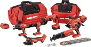 Selection of power tools from Hilti including drill, impact driver, hammer driver, disc grinder, resipricating saw, circular saw, job bags and replacement blades